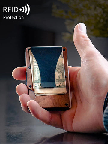 Xajzpa RFID Blocking Men's Wooden Wallet Ultra Thin Metal Money Clip for Men Minimalist Wooden Aluminum Wallet Card Holder